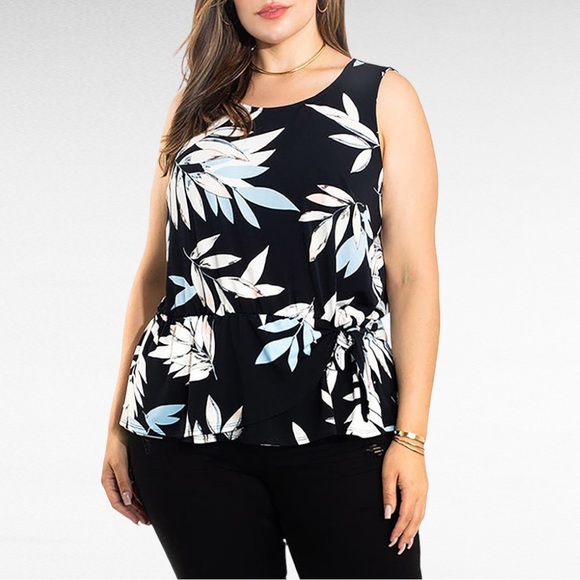Leota | Black Pastel Leaves Helene Tie Hem Sleeveless Plus Size Peplum Tank Top - Picture 1 of 6
